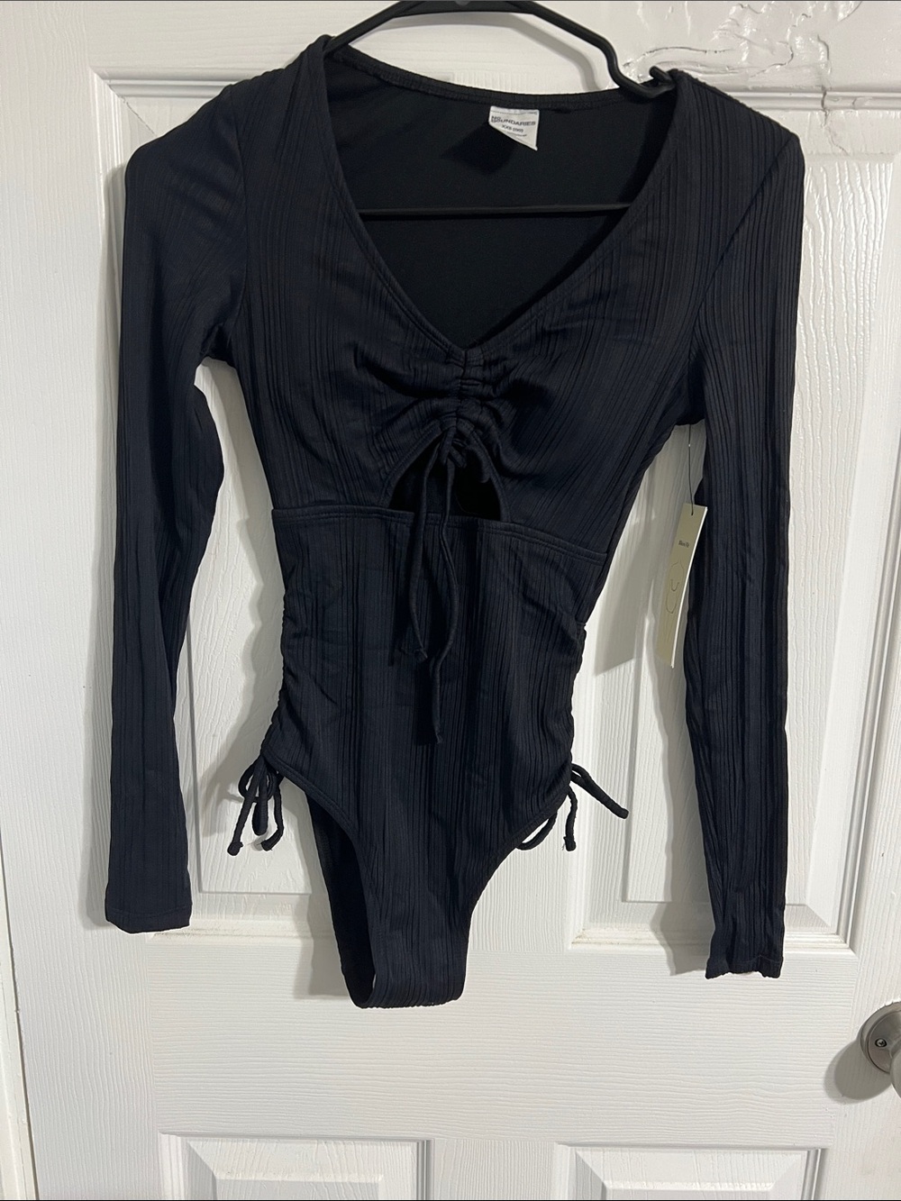 No Boundaries Black Ribbed Long Sleeve Drawstring Bodysuit